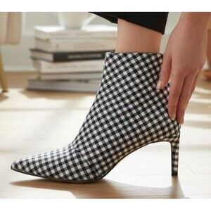 DESIGNER RAG/ BONE BLUE /WHITE GINGHAM CHECK FABRIC POINTED TOE ANKLE BOOTS 9.M